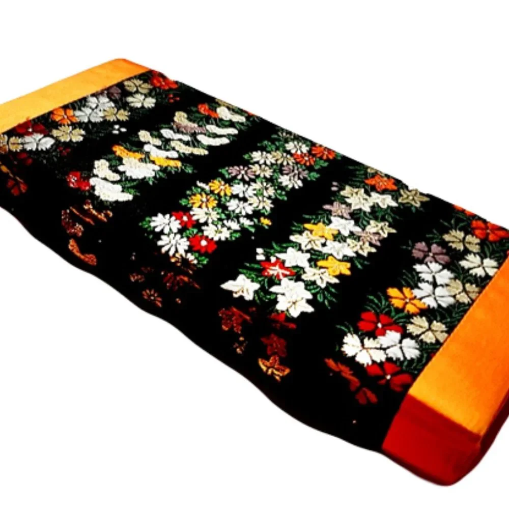 1960s Vintage Orange And Black Fabric Clutch Bag With Oriental Look Designs